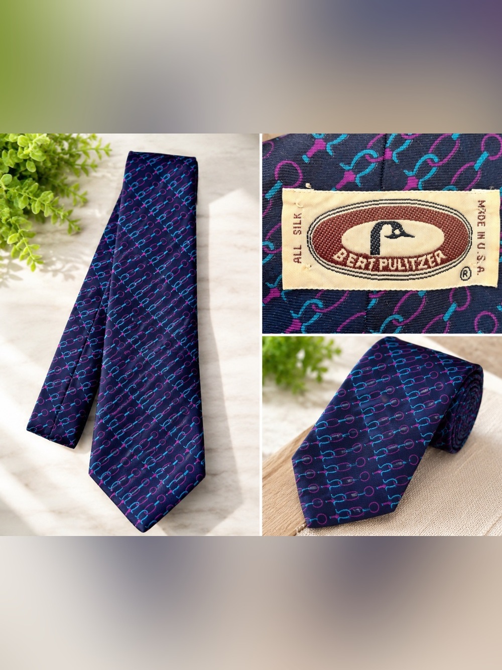 Vintage Bert Pulitzer 100% Silk Equestrian Horse Bit Tie Made in USA